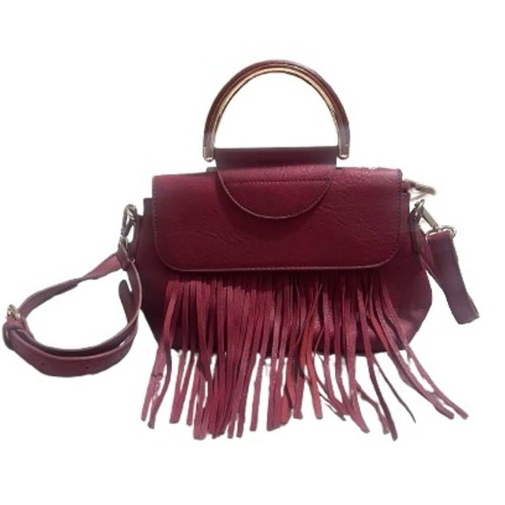 PETA Certified Vegan Faux Leather Burgundy Boho Fringe Festival Crossbody Bag